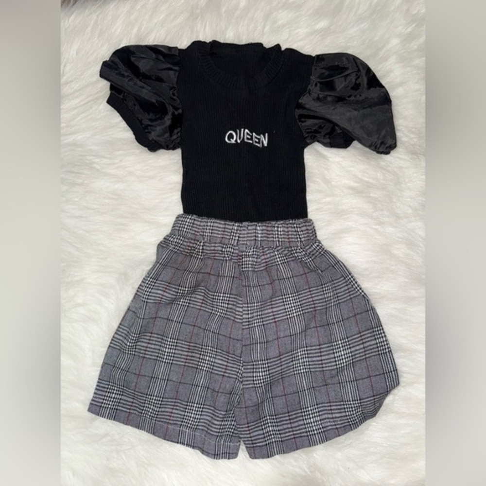 SHEIN Black Puff Sleeve Top and Plaid Shorts Set
